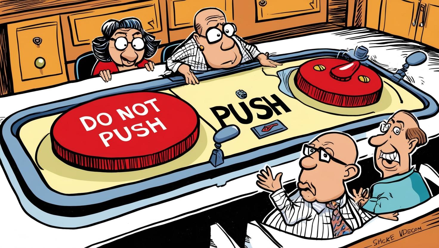 Vier mensen aan een bestuurstafel met een enorme rode knop in het tafelblad ingebouwd waarop staat DO NOT PUSH en daarnaast de tekst PUSH met een pijl naar die knop